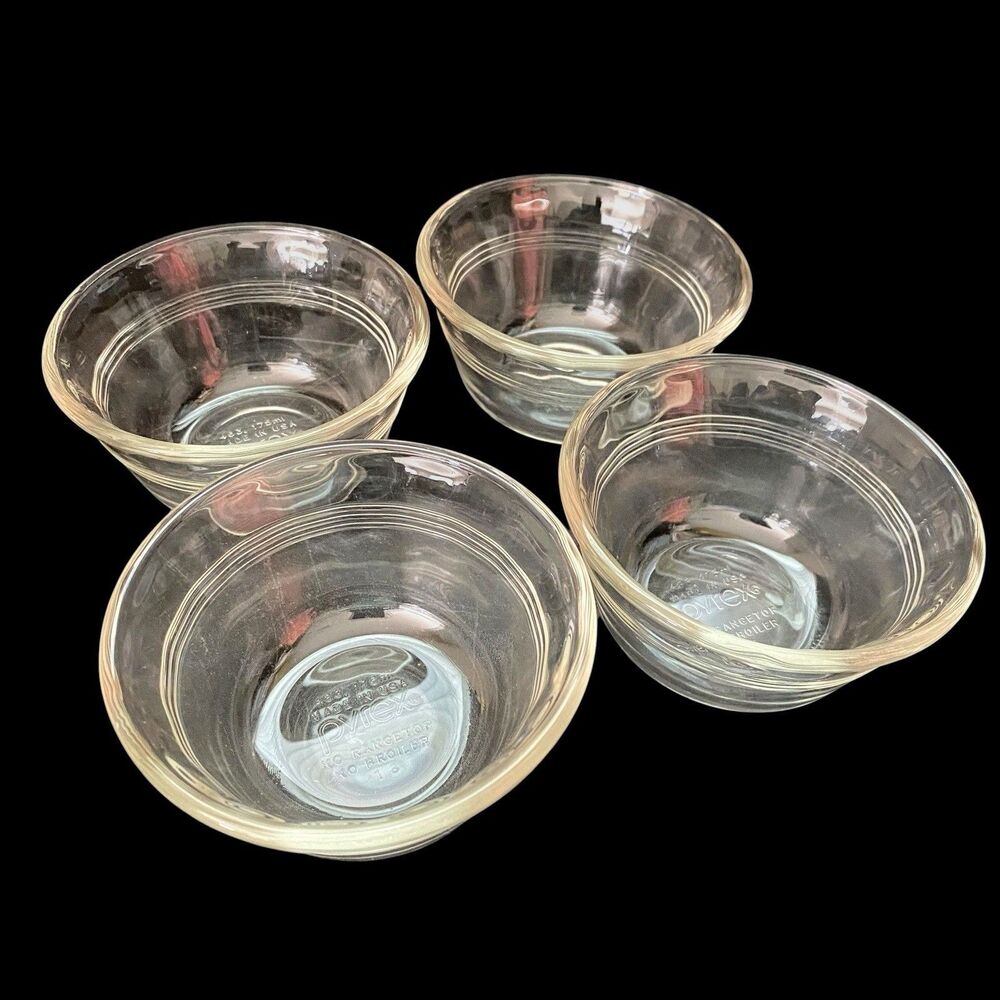 4 Pyrex Custard Cups #463 Smooth Rim 3 Line 175 ml